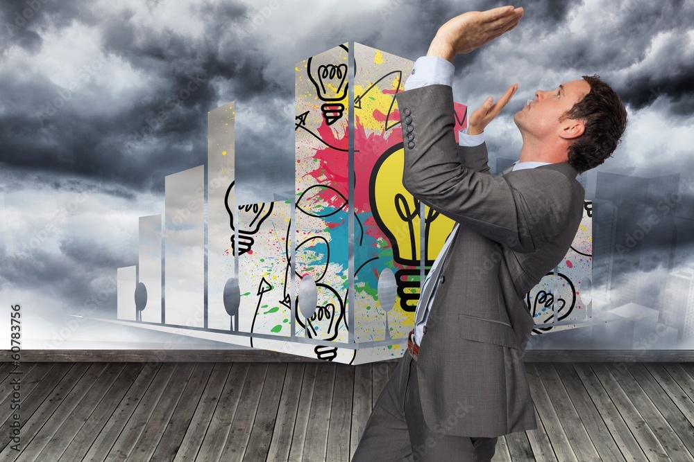Poster composite image of businessman standing with arms pressing up