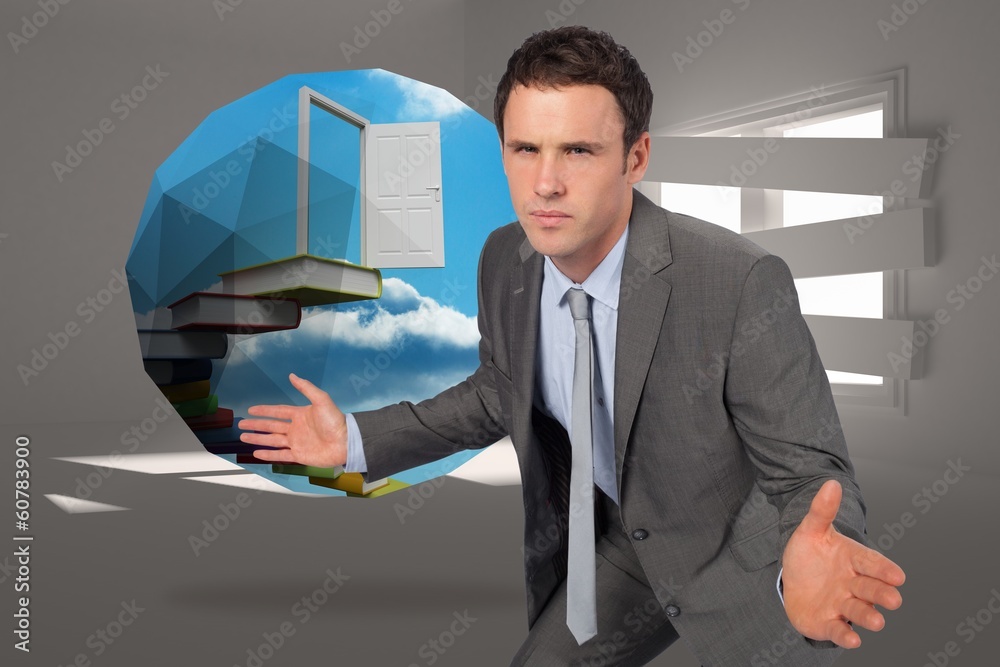 Poster composite image of businessman posing with hands out
