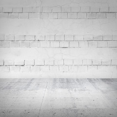 Abstract empty white interior with brick wall and concrete floor