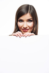 Smiling business woman with big white board