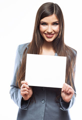 Naklejka premium Business woman hold banner, white background portrait.