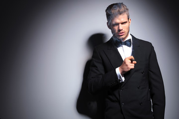elegant man in suit and neck bow smoking a cigar