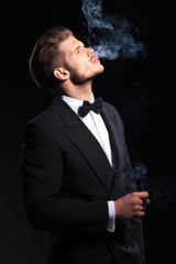 side of an elegant man enjoying his cigar