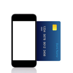 Fototapeta na wymiar Izolowane telefon dotykowy i niebieski karty kredytowej