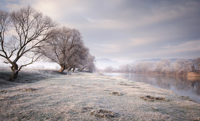 autumn morning with frost on the grass near a river