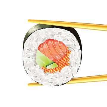 Sushi Roll In Chopsticks Vector Illustration