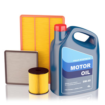 Motor oil filters and plastic canister