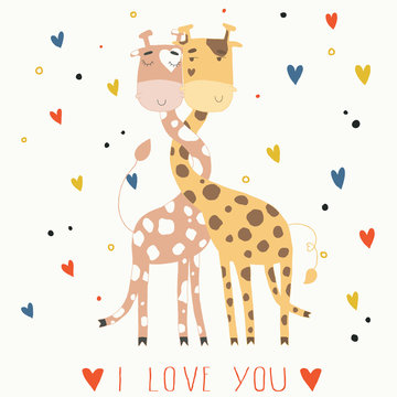 Illustration of giraffes in love. Card for Valentine's Day 