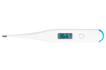electronic thermometer shows a normal body temperature