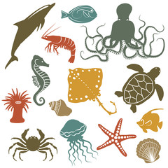 sea animals and fish icons - vector illustration