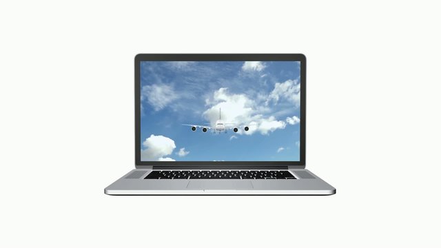 Airplane takes off from the laptop monitor