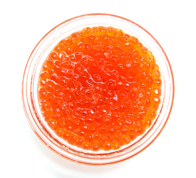 red caviar in a jar on white background