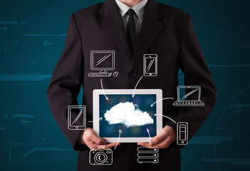 Businessman showing hand drawn cloud computing
