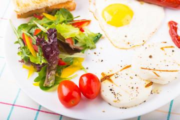 Fototapeta na wymiar Fried egg and sausage on the plate with green salad and cheese