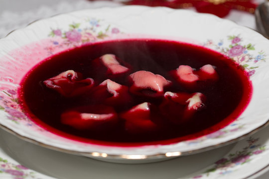Red borscht with mushroom ravioli