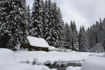 winter landscape, river on the forest