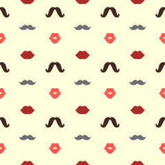 Hipster Lips and Mustaches Vector Seamless Pattern, Illustration