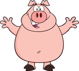 Happy Pig Cartoon Mascot Character Open Arms For Hugging