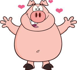 Obraz na płótnie Canvas Happy Pig Cartoon Mascot Character Open Arms And Hearts