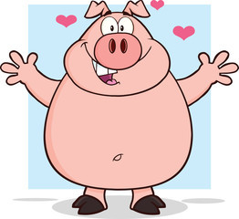 Obraz na płótnie Canvas Happy Pig Cartoon Mascot Character Open Arms