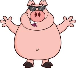 Happy Pig With Sunglasses And Open Arms For Hugging