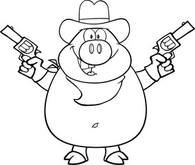 Black And White Cowboy Pig Character Holding Up Two Revolvers