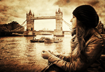 Vintage Retro Picture of Girl in Front of Tower Bridge, London