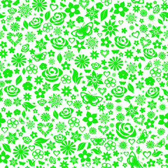 Seamless pattern of flowers, green on white