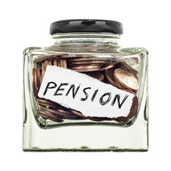 Pension, a small glass jar of coins