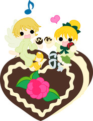 チョコレートケーキのハートの上でお菓子を食べる女の子と天使。