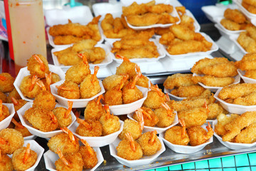Fried prawns in street market
