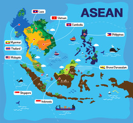 Cartoon map of Asean, asia, AEC