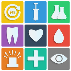 Icons of the white paper.set of medical icons on colorful backgr