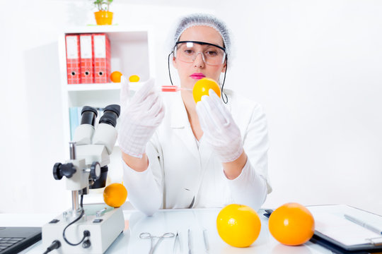 Young female scientist injecting GMO into lemon in laboratory