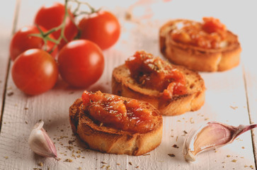 Toast with tomato sauce. Retouching in vintage style. selective
