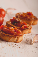 Toast with tomato sauce. Retouching in vintage style. selective