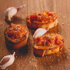 Toast with tomato sauce. Retouching in vintage style. selective