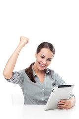 Happy woman holding digital tablet