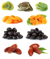 Collage of dried fruits isolated on white