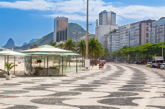 View of Copacabana with mosaic of sidewalk in Rio de Janeiro