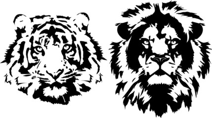 Naklejka premium tiger and lion heads in black interpretation