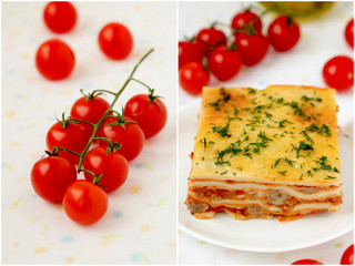 Italian lasagna collage with meat and tomatoes.