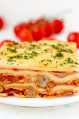 Italian lasagna with meat and tomatoes. Macro.