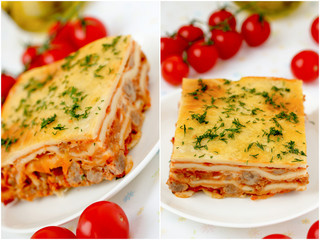 Italian lasagna collage with meat and tomatoes.