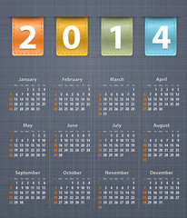 Stylish calendar for 2014 on linen texture with leather insertio
