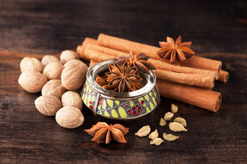 Spices: cinnamon, star anise, nutmeg, turmeric and cardamom.