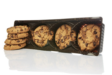 Chocolate chip cookies on white background