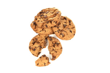 Chocolate chip cookies on white background