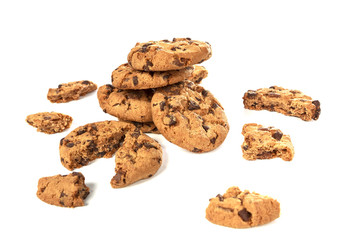 Chocolate chip cookies on white background