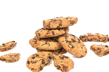 Chocolate chip cookies on white background